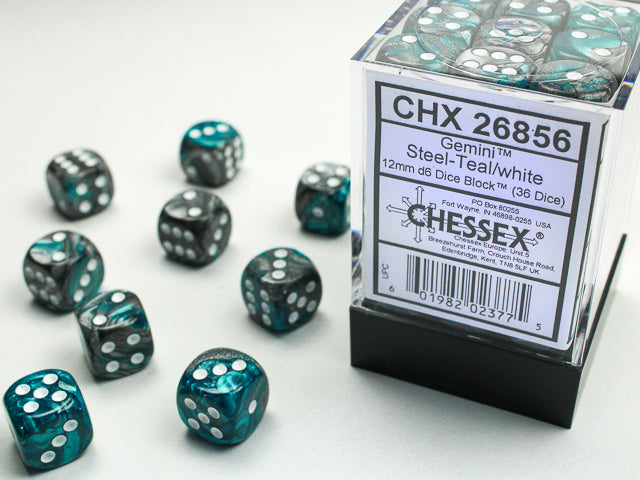 Gemini 12mm d6 Dice Block - Steel-Teal/white