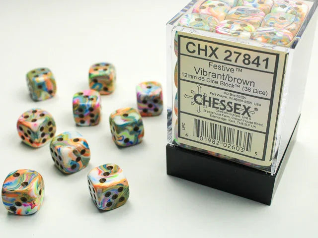 Festive 12mm d6 Dice with pips - Vibrant w/brown (36 Dice)