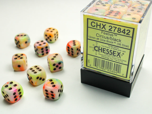 Festive 12mm d6 Dice with pips - Circus w/black (36 Dice)
