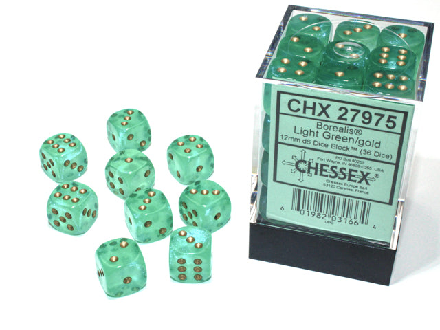 Borealis 12mm d6 Dice Block - Light Green/Gold Luminary