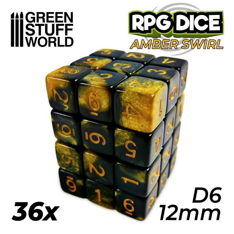 36x D6 12mm Dice - Amber Swirl - ZZGames.dk