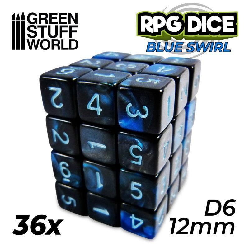 36x D6 12mm Dice - Blue Swirl - ZZGames.dk