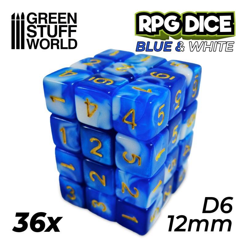 36x D6 12mm Dice - Blue White - ZZGames.dk