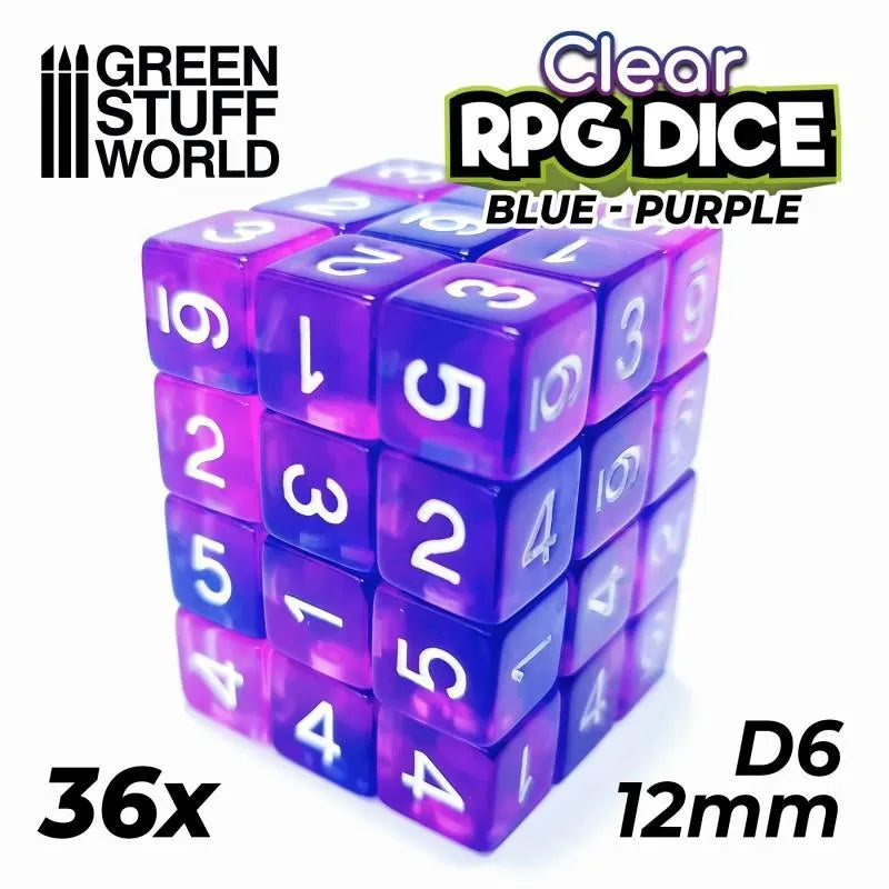 36x D6 12mm Dice - Clear Blue/Purple - ZZGames.dk
