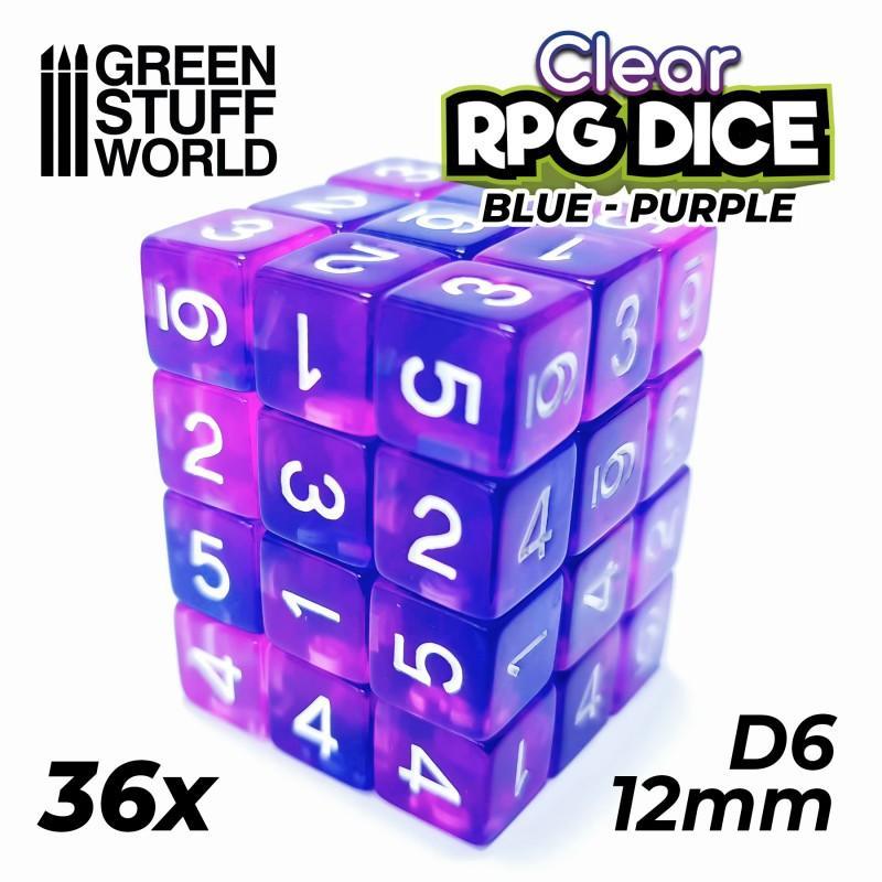 36x D6 12mm Dice - Clear Blue/Purple - ZZGames.dk