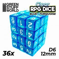 36x D6 12mm Dice - Clear Blue/Turquoise - ZZGames.dk