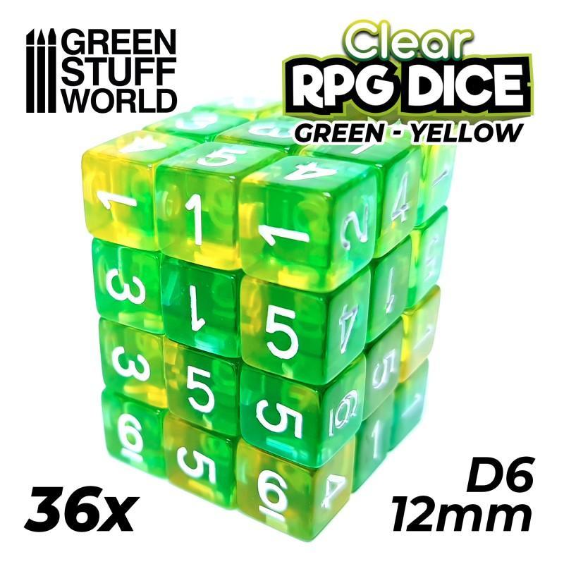36x D6 12mm Dice - Clear Green/Yellow - ZZGames.dk