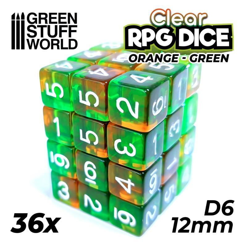 36x D6 12mm Dice - Clear Orange/Green - ZZGames.dk