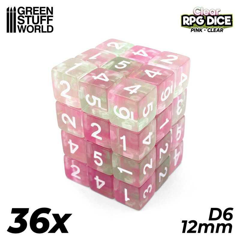 36x D6 12mm Dice - Clear Pink - ZZGames.dk