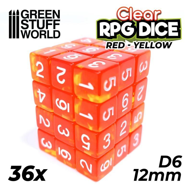 36x D6 12mm Dice - Clear Red/Yellow - ZZGames.dk