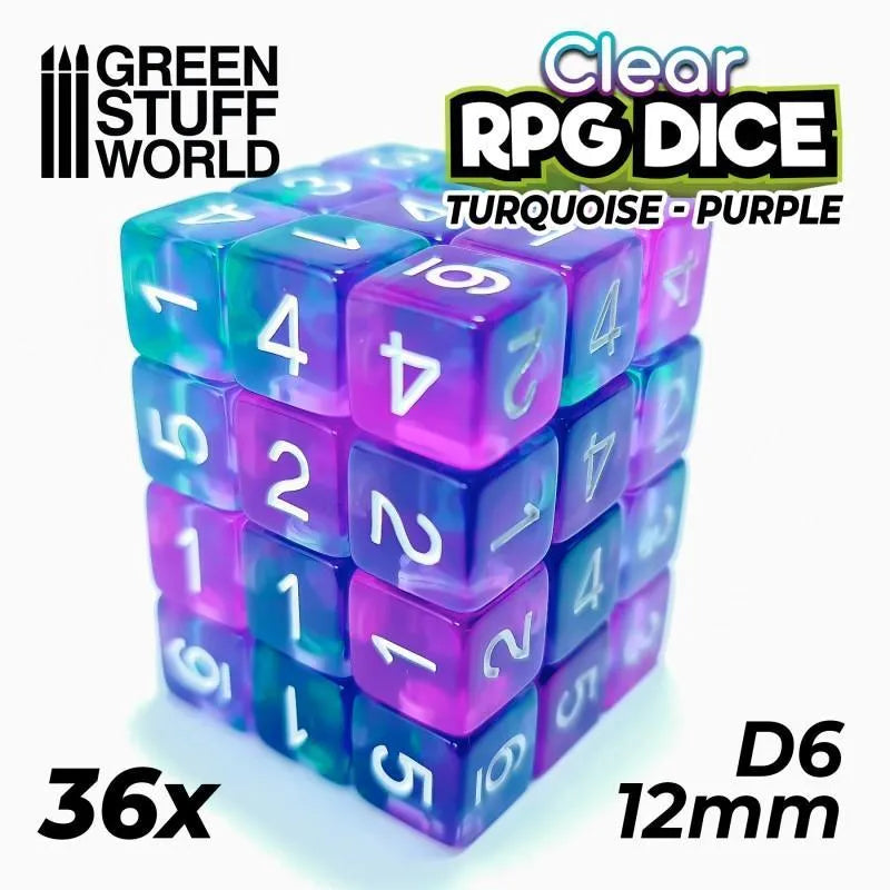 36x D6 12mm Dice - Clear Turquoise/Purple - ZZGames.dk