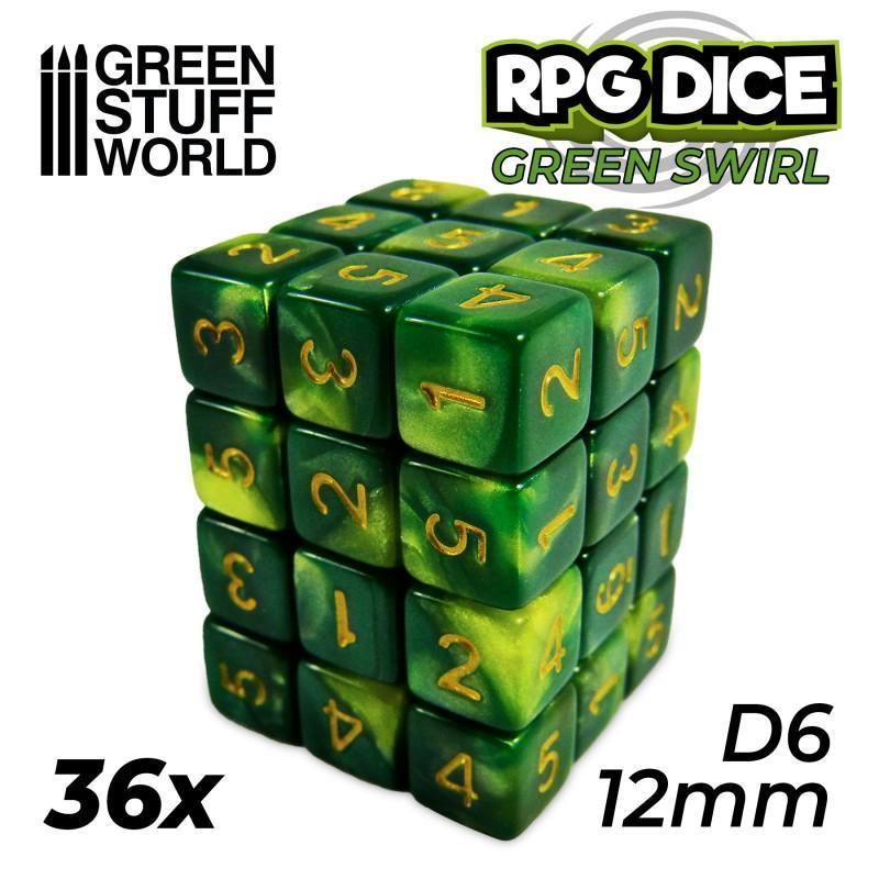 36x D6 12mm Dice - Green Swirl - ZZGames.dk
