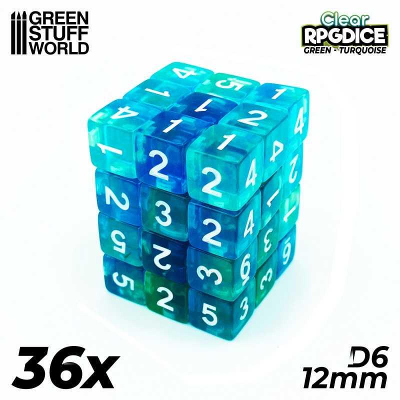 36x D6 12mm Dice - Green/Turquoise - ZZGames.dk