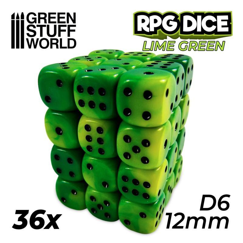 36x D6 12mm Dice - Lime green Swirl - ZZGames.dk