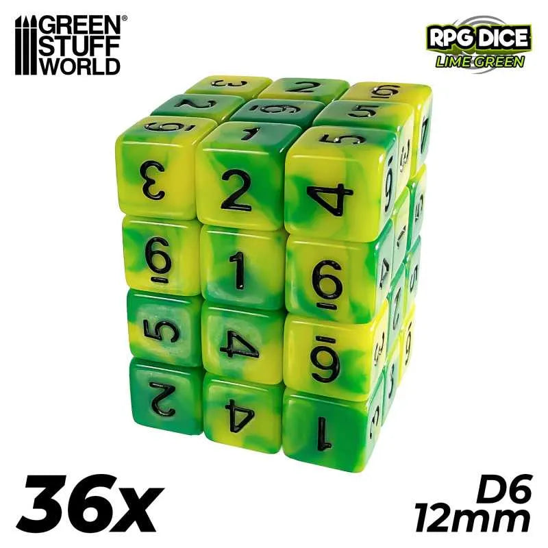 36x D6 12mm Dice - Lime green Swirl