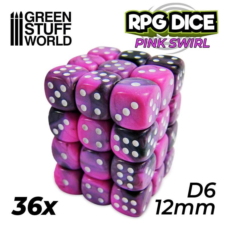 36x D6 12mm Dice - Pink Swirl - ZZGames.dk