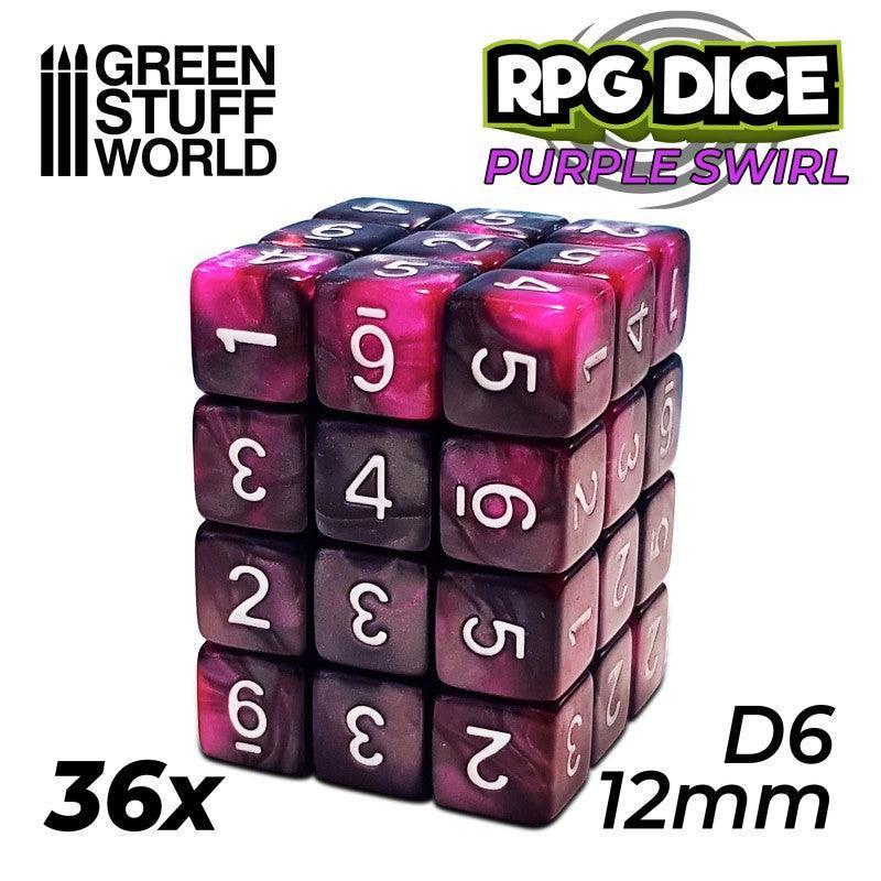 36x D6 12mm Dice - Purple Swirl - ZZGames.dk