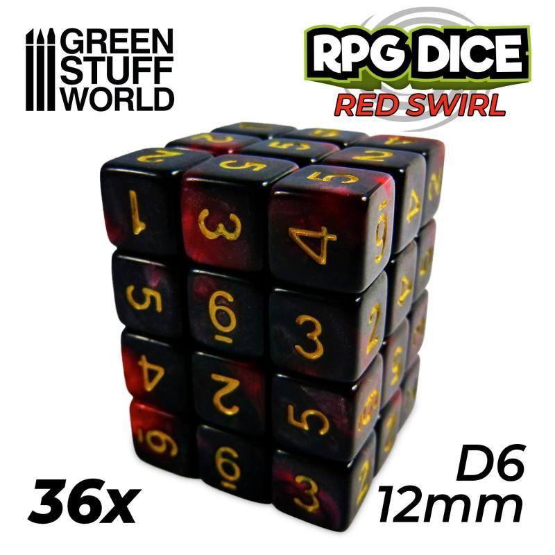 36x D6 12mm Dice - Red Swirl - ZZGames.dk