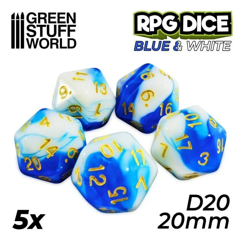 5x D20 20mm Dice - Blue White - ZZGames.dk