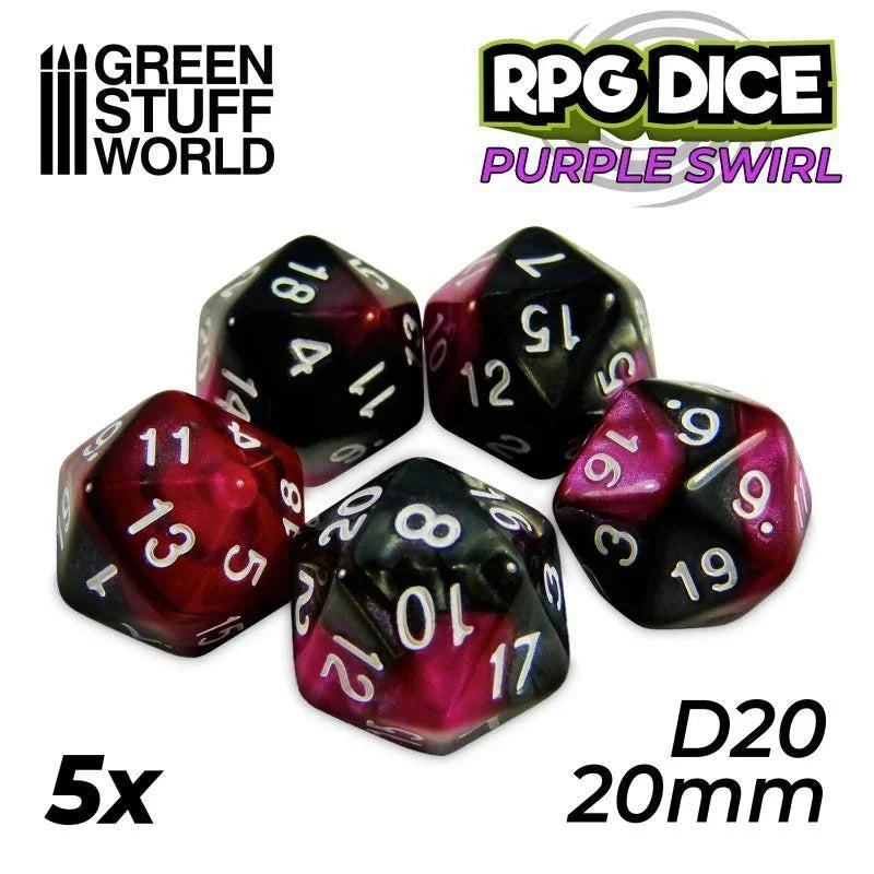 5x D20 20mm Dice - Purple Swirl - ZZGames.dk