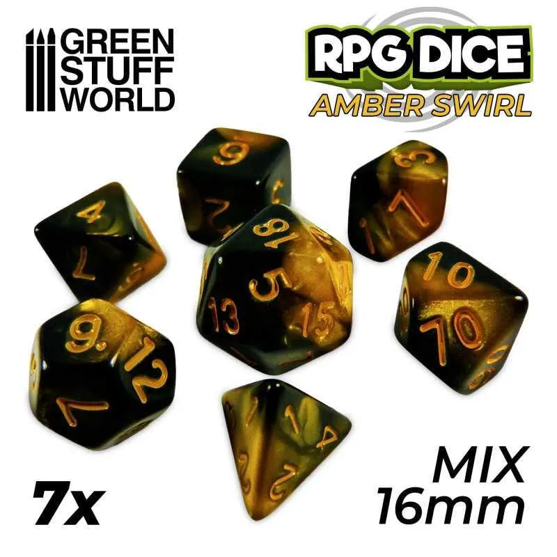 7x Mix 16mm Dice - Amber Swirl - ZZGames.dk