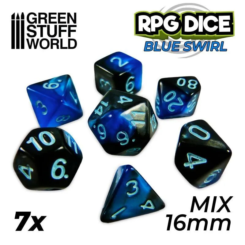 7x Mix 16mm Dice - Blue Swirl - ZZGames.dk