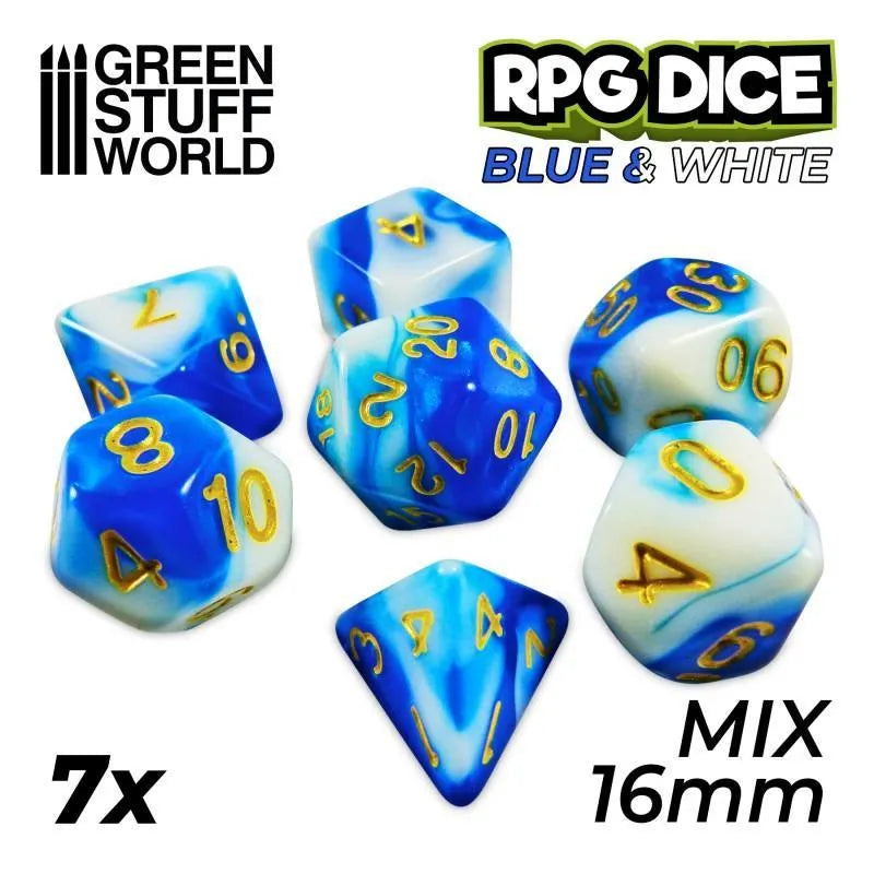 7x Mix 16mm Dice - Blue White - ZZGames.dk