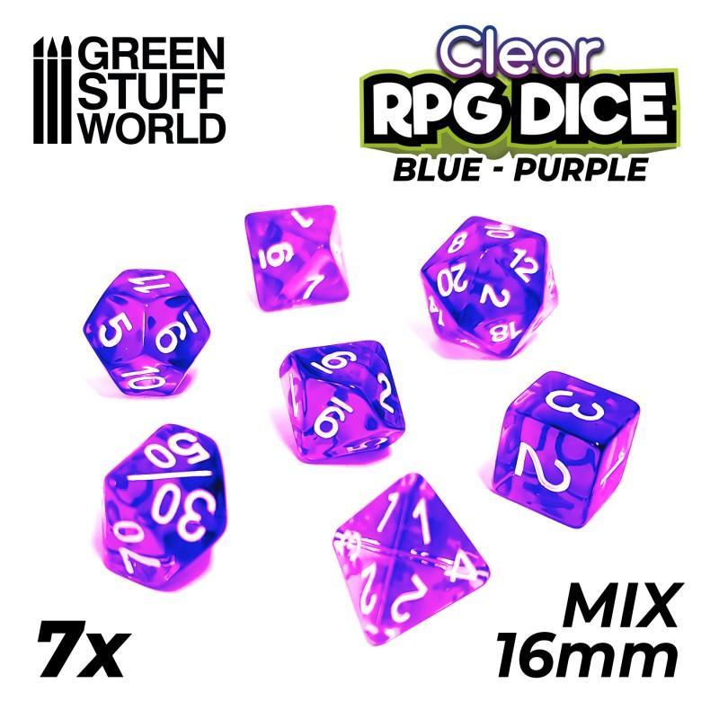 7x Mix 16mm Dice - Clear Blue/Purple - ZZGames.dk