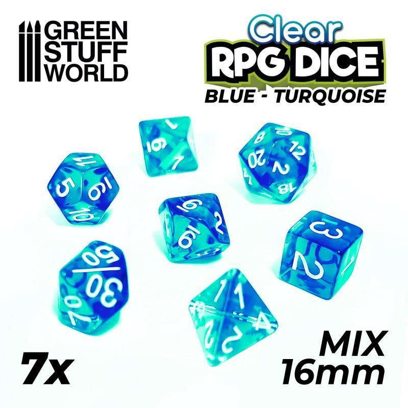 7x Mix 16mm Dice - Clear Blue/Turquoise - ZZGames.dk