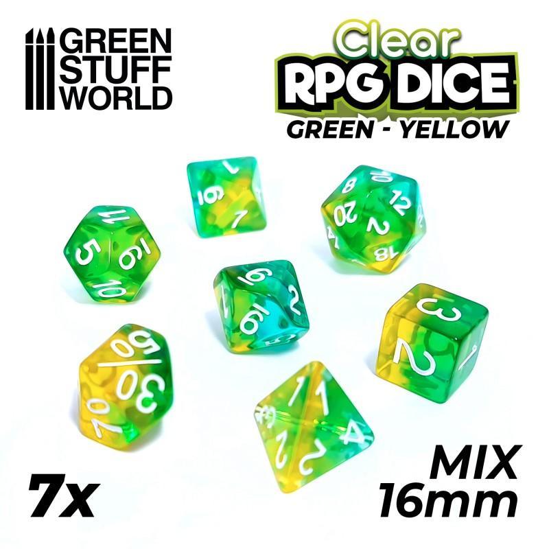 7x Mix 16mm Dice - Clear Green/Yellow - ZZGames.dk
