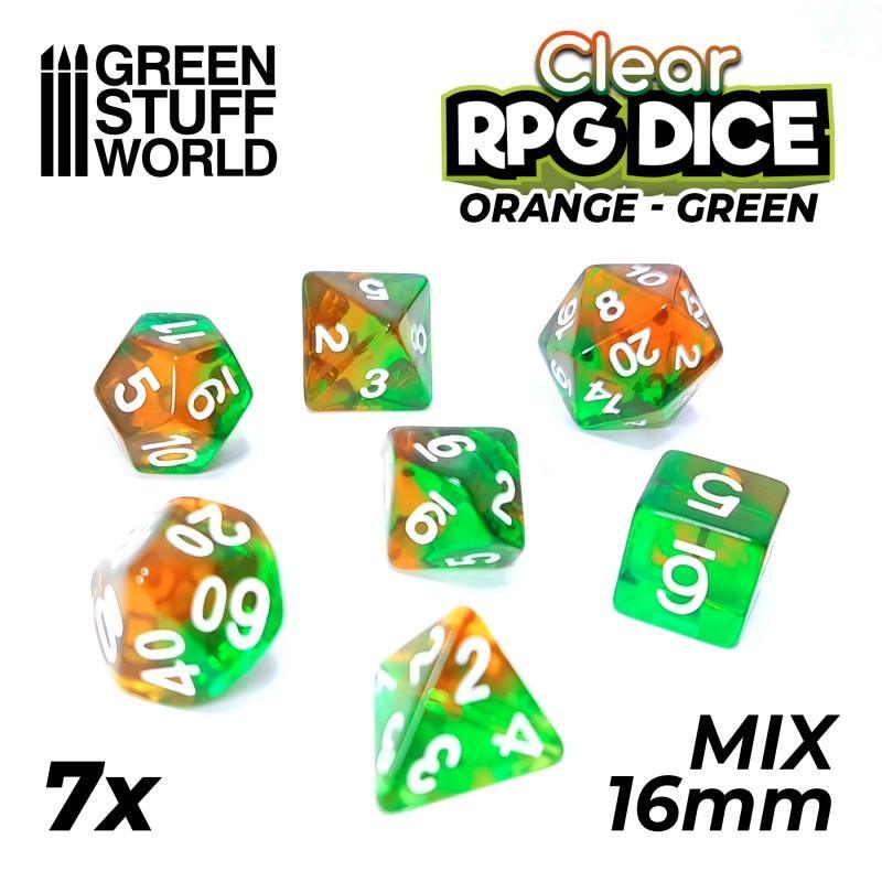 7x Mix 16mm Dice - Clear Orange/Green - ZZGames.dk