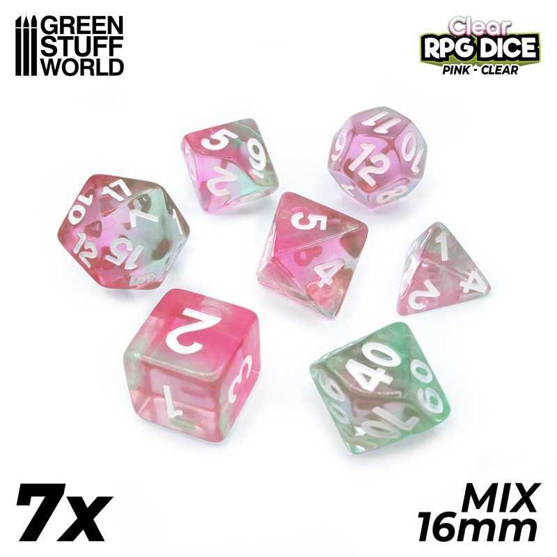 7x Mix 16mm Dice - Clear Pink - ZZGames.dk