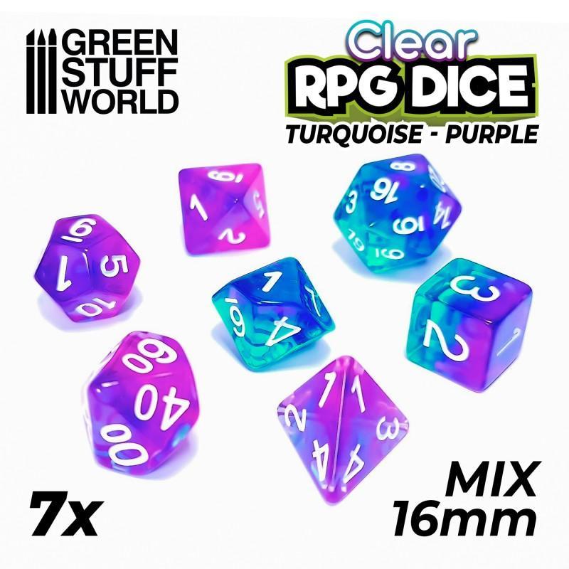 7x Mix 16mm Dice - Clear Turquoise/Purple - ZZGames.dk