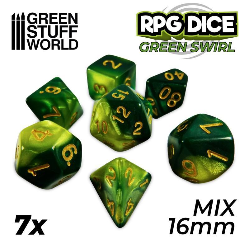 7x Mix 16mm Dice - Green Swirl - ZZGames.dk