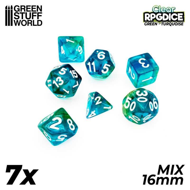 7x Mix 16mm Dice - Green/Turquoise - ZZGames.dk