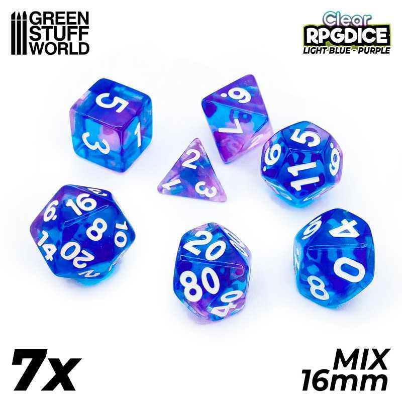 7x Mix 16mm Dice - Light Blue/Purple - ZZGames.dk