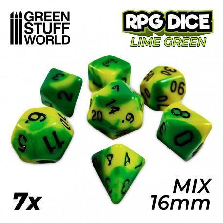 7x Mix 16mm Dice - Lime green Swirl - ZZGames.dk