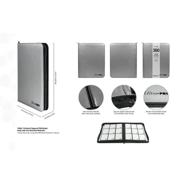 9-Pocket Zippered PRO-Binder: Silver Made With Fire Resistant Materials - ZZGames.dk