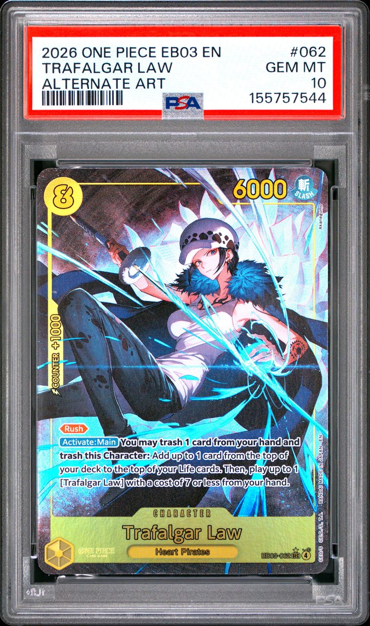 
                  
                    One Piece EB03 – Trafalgar Law (Alternate Art) #062
                  
                