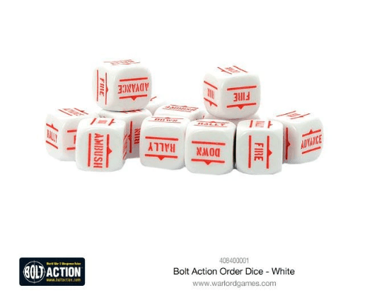 Bolt Action Orders Dice - White (12) - ZZGames.dk