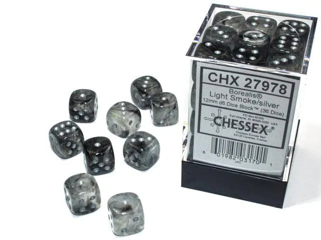 Borealis 12mm d6 Dice Block - Light Smoke/silver Luminary - ZZGames.dk