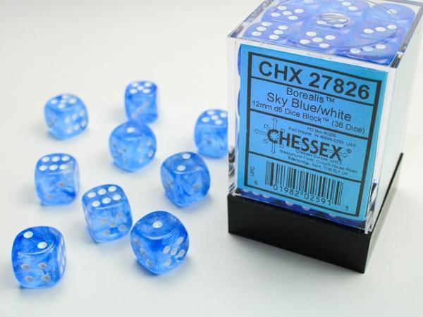 Borealis 12mm d6 Dice with pips - Sky Blue w/white (36 Dice) - ZZGames.dk