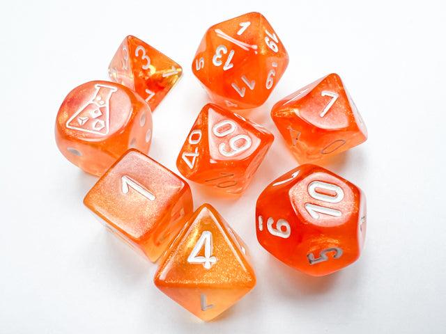 Borealis Polyhedral 7-Die Set - Blood Orange/white luminary (with bonus die) - ZZGames.dk