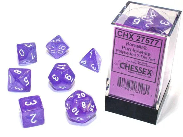 Borealis Polyhedral 7-Die Set - Purple/White Luminary - ZZGames.dk