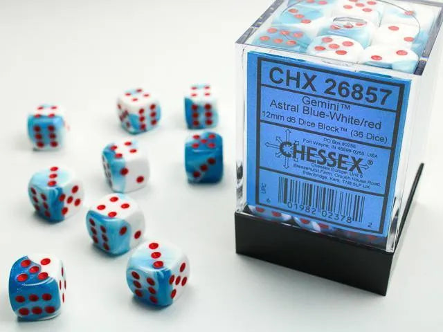 Gemini 12mm d6 Dice with pips - Astral Blue-White w/red (36 Dice) - ZZGames.dk