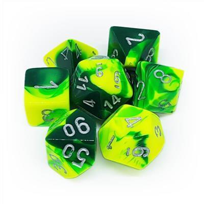 Gemini Polyhedral 7-Die Set - Green-Yellow w/Silver - ZZGames.dk