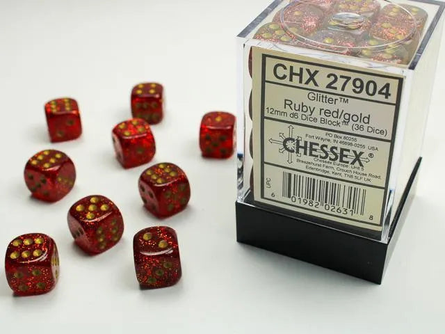 Glitter 12mm d6 Dice with pips - Ruby/gold (36 Dice) - ZZGames.dk