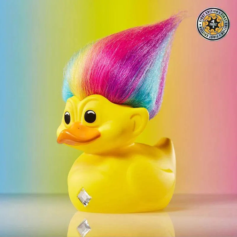 Official Trolls Rainbow Troll (Yellow with Rainbow Hair) TUBBZ Cosplaying Duck Collectable - ZZGames.dk