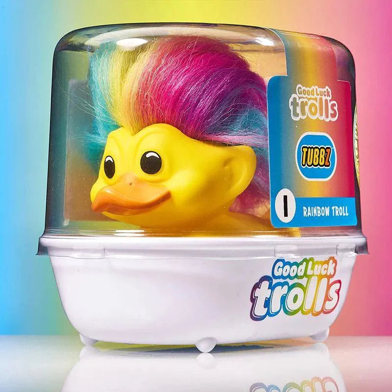 Official Trolls Rainbow Troll (Yellow with Rainbow Hair) TUBBZ Cosplaying Duck Collectable - ZZGames.dk