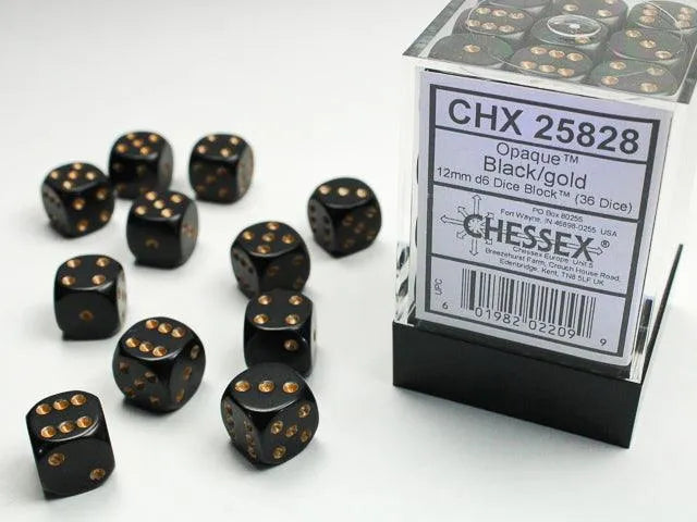 Opaque 12mm d6 Dice Block - Black/Gold - ZZGames.dk